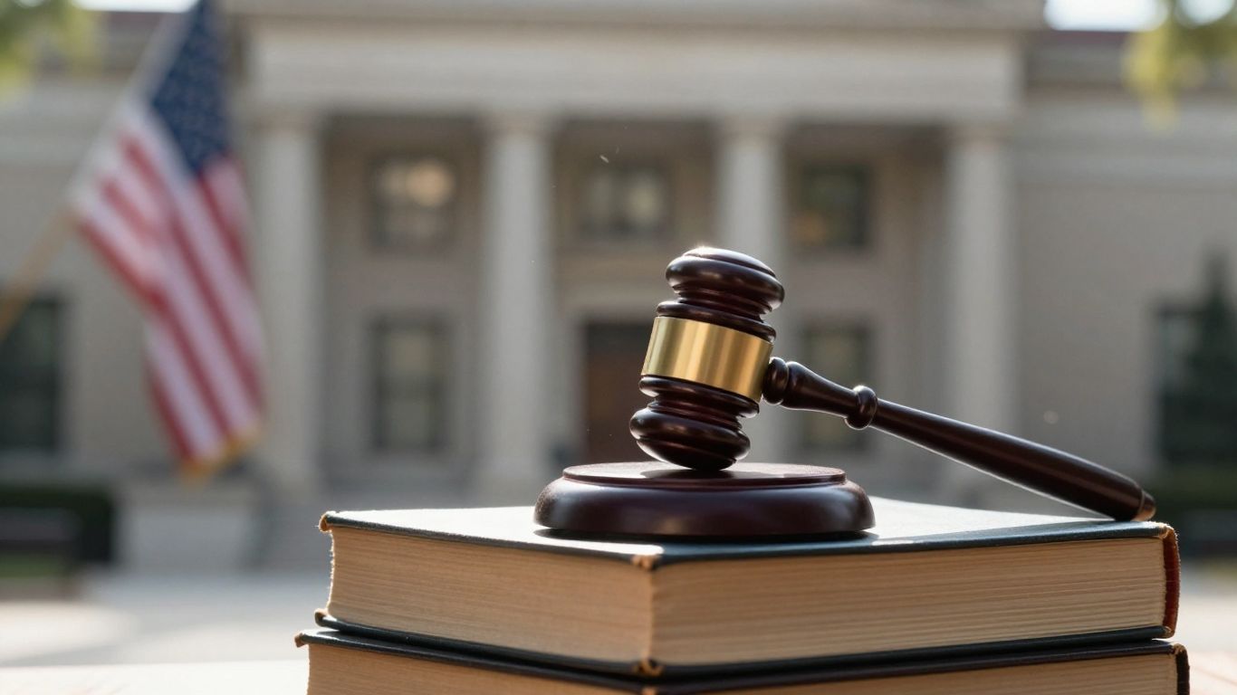 Gavel on books with courthouse background.