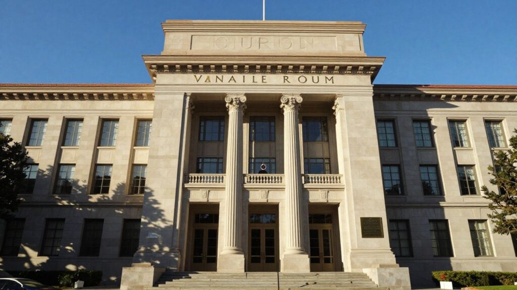Courthouse in Van Nuys, California under a blue sky.
