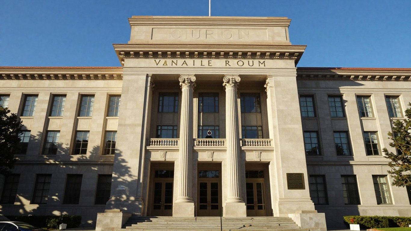 Courthouse in Van Nuys, California under a blue sky.